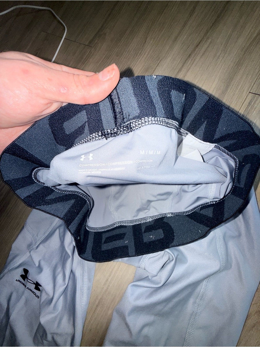 Under Armour Men's Light Gray Compression Shorts with Black Waistband